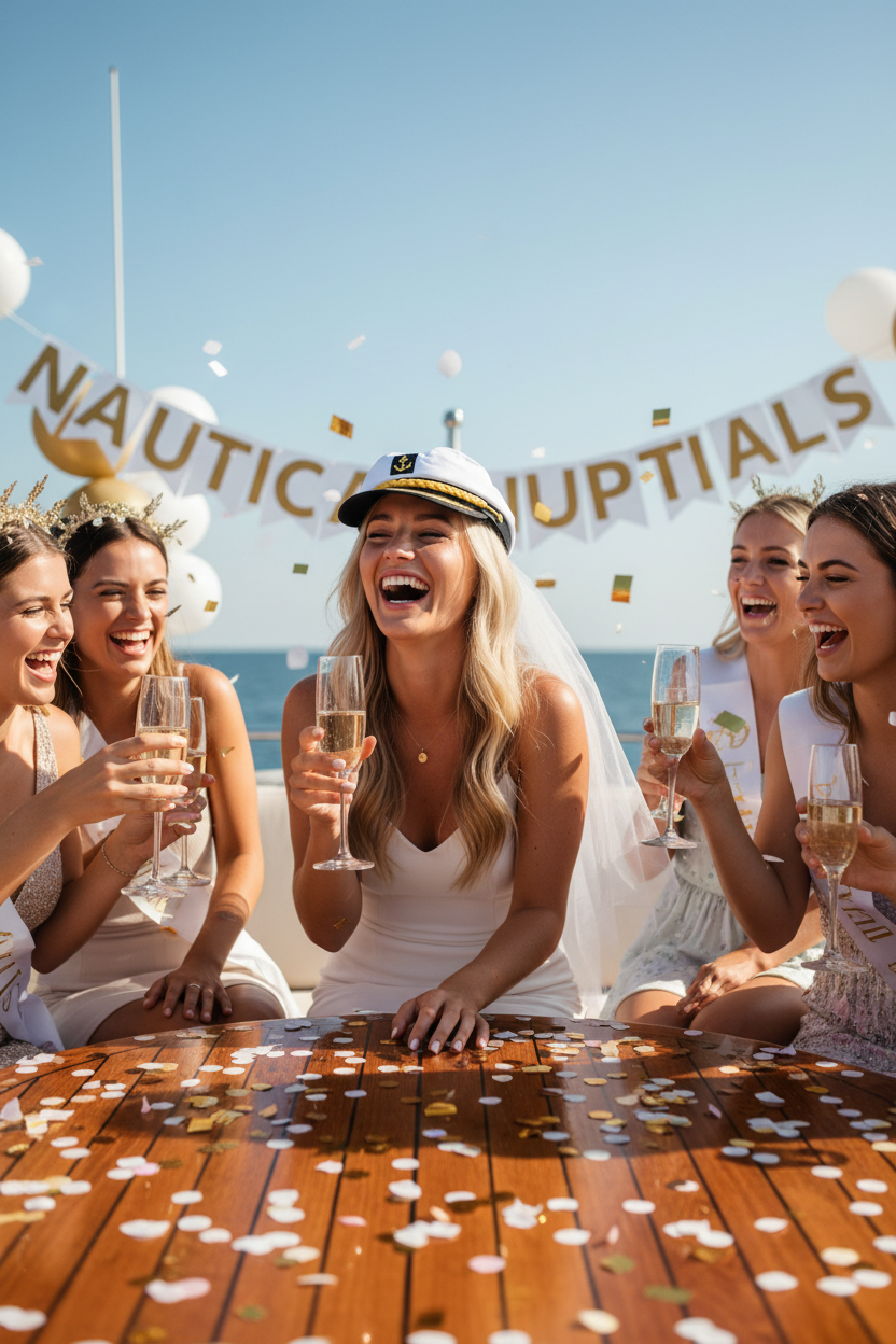 Woman wearing bridal veil captain's hat at a bachelorette party on a boat deck