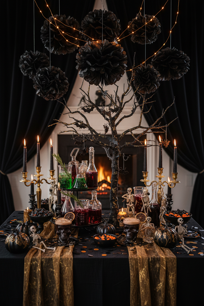 Festive Halloween party table with black puff ball decorations, candles, and spooky decor