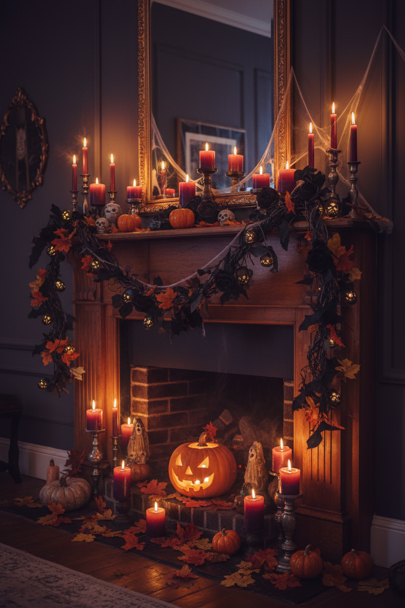 Spooky Halloween living room mantel decorated with a 6-foot Halloween garland, candles, and pumpkins